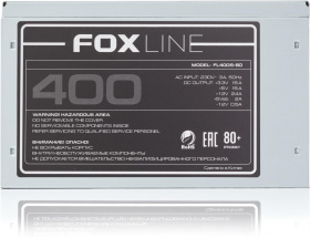 Блок питания 400Вт Foxline. Power Supply Foxline, 400W, ATX, APFC, 120FAN, CPU 4+4  pin, MB 24pin, 5xSATA, 2xPATA, 1xFDD, 1xPCI-E 6pin, 80+