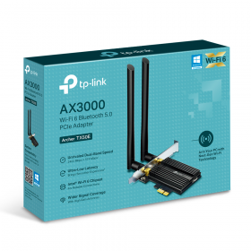 Сетевой адаптер TP-Link. 11AX 3000Mbps dual-band PCI-E adapter, 2402Mbps at 5G and 574Mbps at 2.4G, support Bluetooth 5.0, WPA2 encryption, two external Antennas.