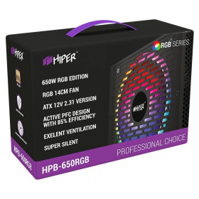блок питания для ПК 650 Ватт Hiper. PSU HIPER HPB-650RGB (ATX 2.31, 650W, ActivePFC, RGB 140mm fan, Black) 85+, BOX